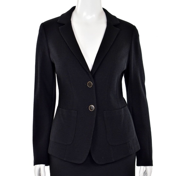 St. John Caviar 2-Button Wool Blend Pique Knit Jacket in Black - Picture 1 of 7